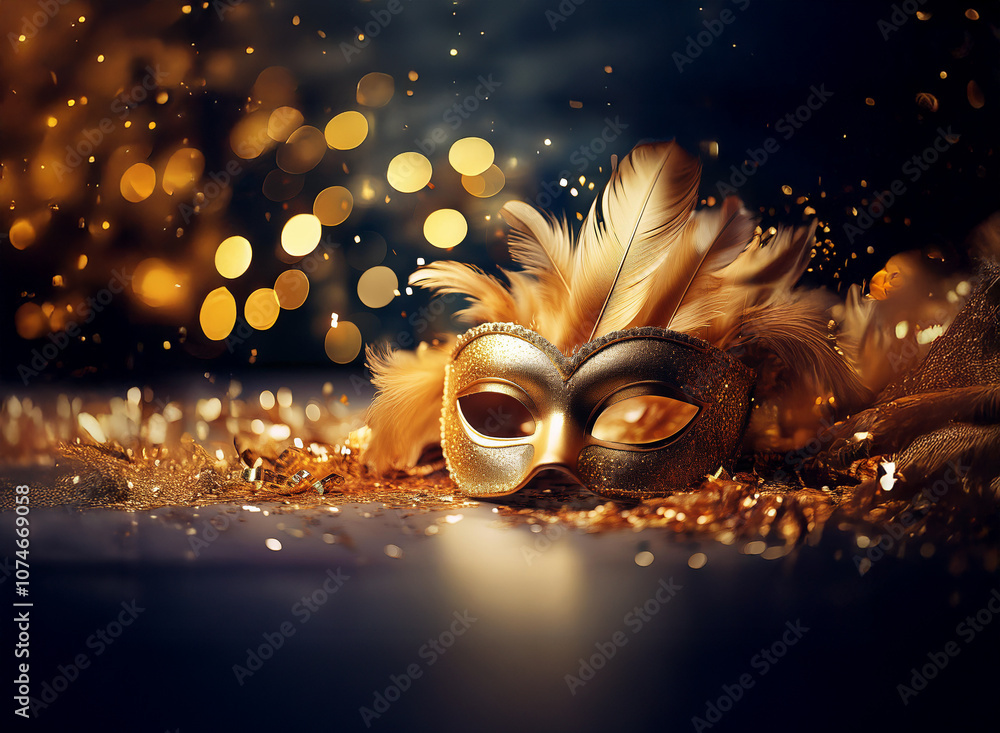 Poster a gold masquerade mask with feathers lies on a dark background with gold glitter and bokeh lights.