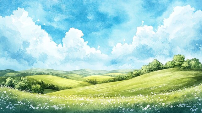 Serene landscape with rolling hills and fluffy clouds under a vibrant blue sky