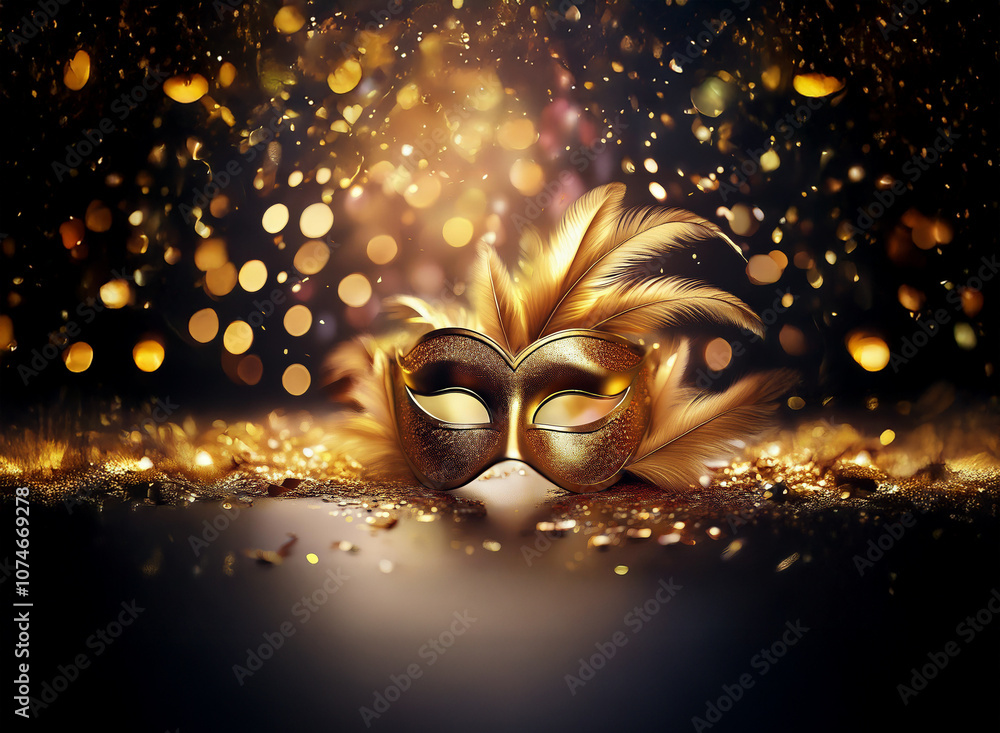 Poster A golden masquerade mask with feathers rests on a bed of shimmering confetti against a backdrop of sparkling lights.