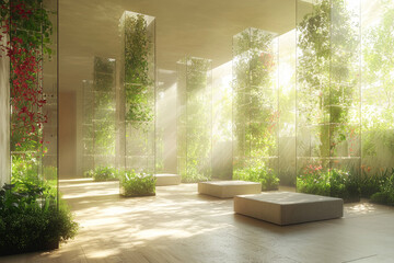 Innovative office space with biophilic design, floating transparent screens, soft natural light,