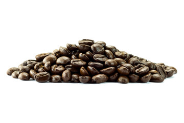 Heap of Roasted coffee beans isolated on white background close up stacking