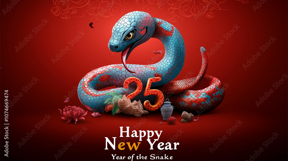 Aufkleber playful snake design with number 25, celebrating new year. vibrant colors and festive elements creat