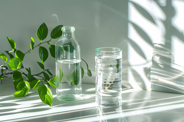 glass and bottle of fresh water near green plants on white surface isolated on grey
