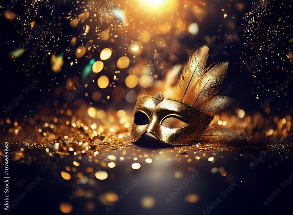 Poster a golden masquerade mask with feathers rests on a bed of shimmering gold confetti with a soft golden