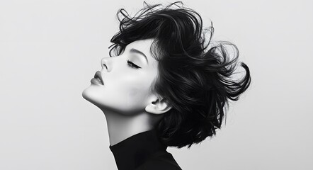 A striking black-and-white side-profile portrait of a young woman with a short, windswept hairstyle.