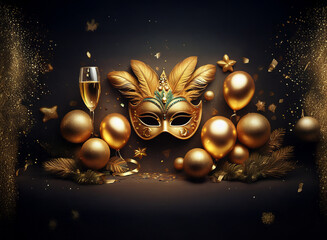 Fototapeta premium A golden masquerade mask with feathers and green accents sits amidst a celebratory arrangement of champagne, balloons, and confetti.