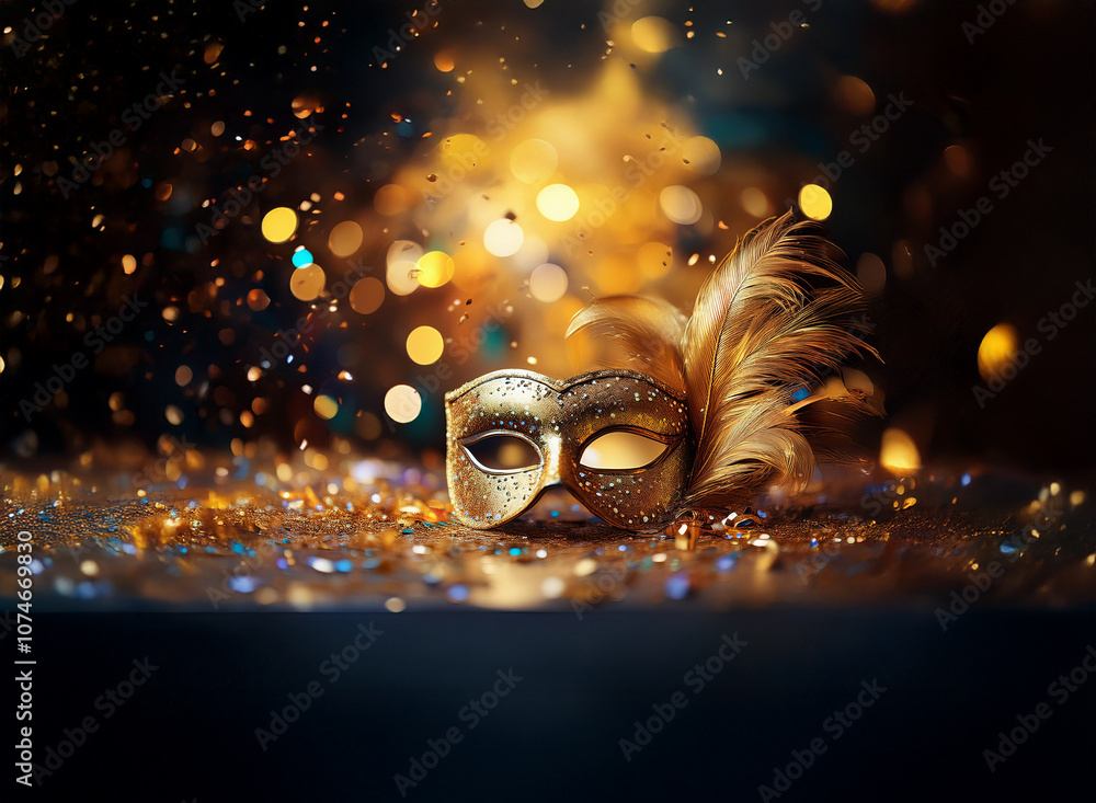 Poster A golden masquerade mask with feathers rests on a dark surface, surrounded by sparkling confetti and bokeh lights.