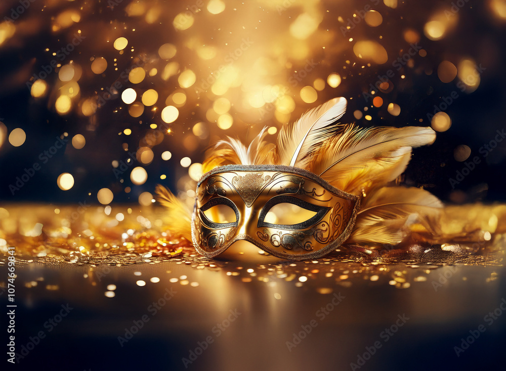 Poster A golden masquerade mask with feathers lies on a sparkling surface with a bokeh background.