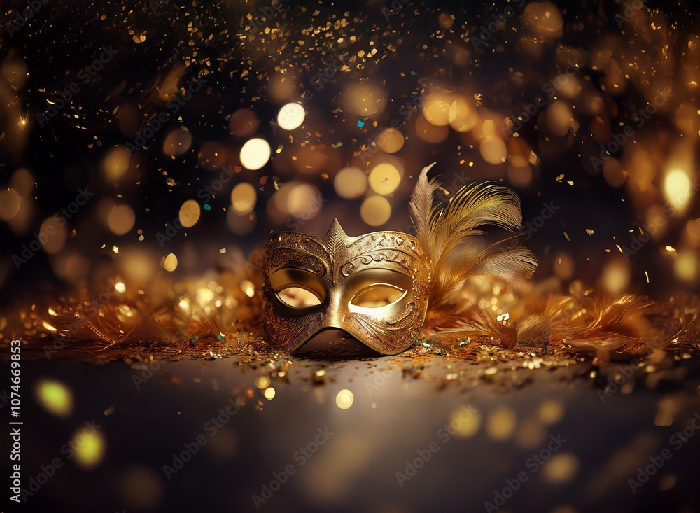 Poster A golden masquerade mask with feathers rests on a bed of sparkling gold glitter and feathers against a backdrop of bokeh lights.