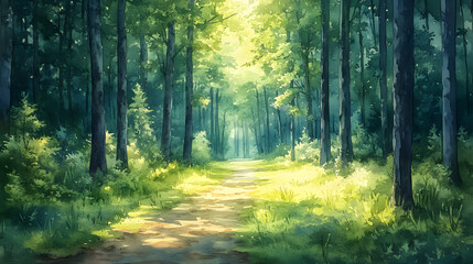Fototapeta premium Watercolor image depicting a lush green forest with tall trees reaching up towards the sky, dappled sunlight filtering through the leaves, and a small, winding path leading into the inviting woods.
