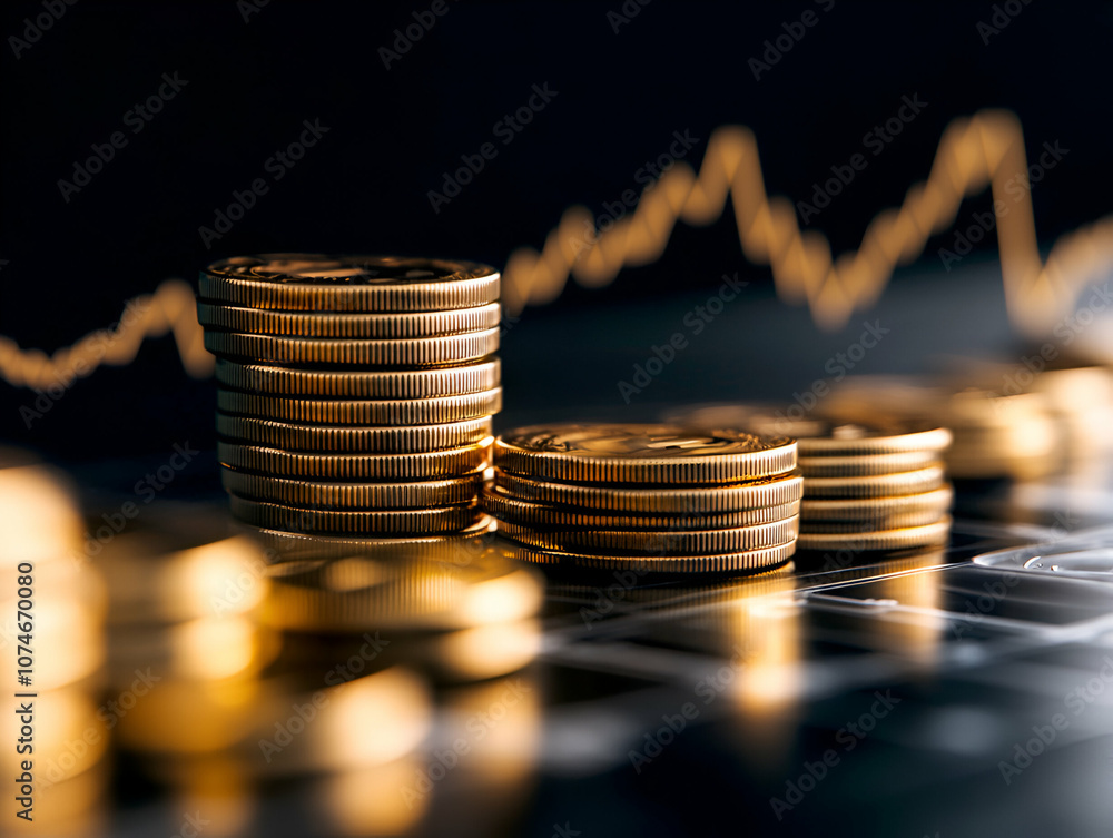 Poster stacked coins with a financial graph in the background representing wealth and investment.