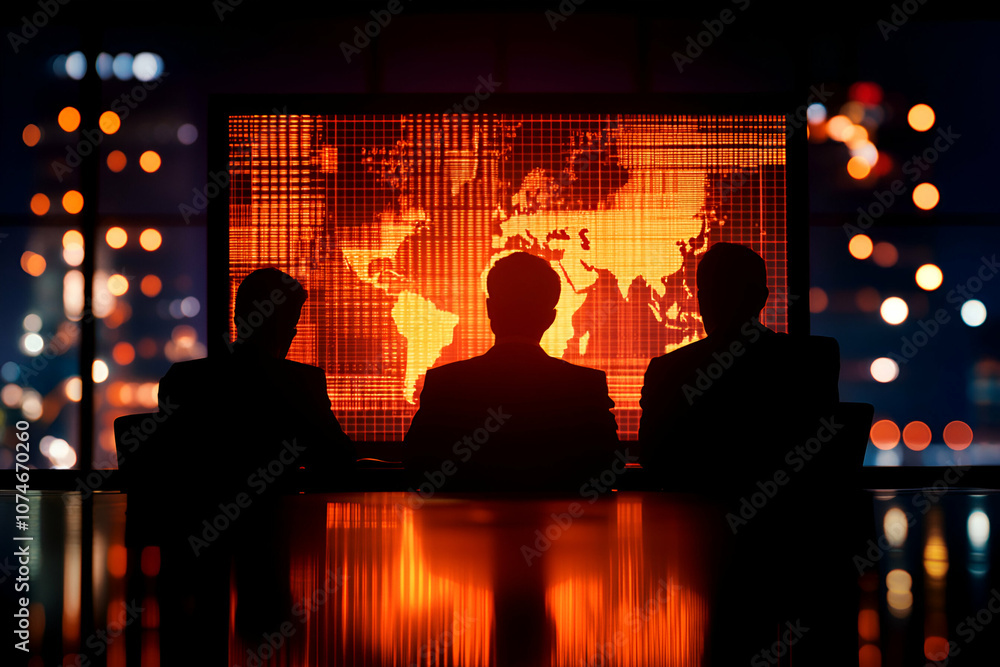 Poster three silhouettes observe a global data display in a high-tech corporate setting.