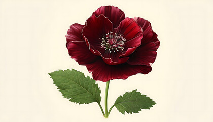 Red carnation flowers on a cream colored background - Crimson bloom on cream canvas, deep red flower with graceful green leaves