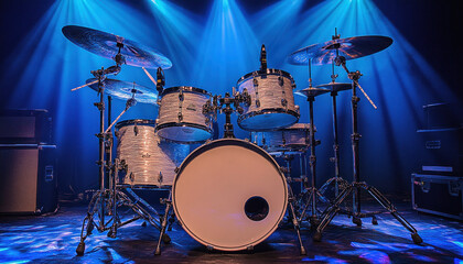 Drum set awaiting drummer on empty stage under blue lights