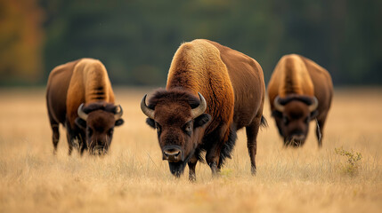 Engaging scene of herd of bison grazing in grassy field, showcasing their majestic presence and natural habitat