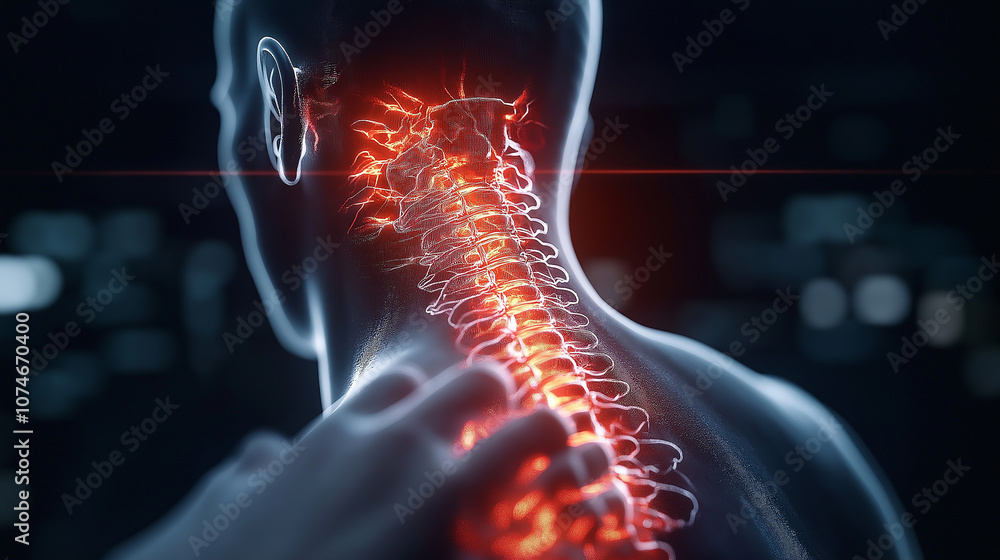 Poster anatomical image showing person on their back with highlighted spine, emphasizing neck area. glowing