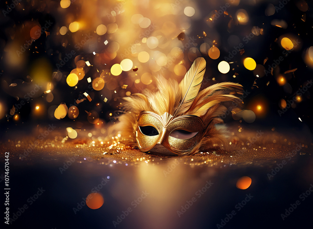 Poster A golden masquerade mask with feathers rests on a surface covered in glittering confetti and sparkling lights.