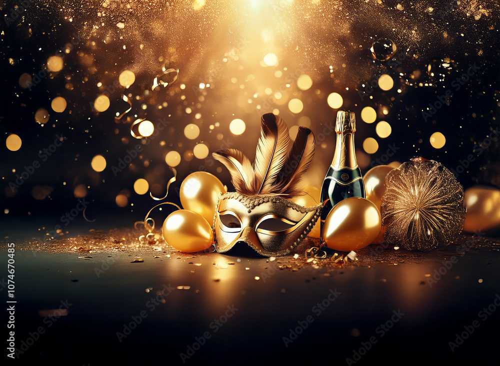 Poster a golden masquerade mask with feathers sits next to a bottle of champagne and balloons against a dar