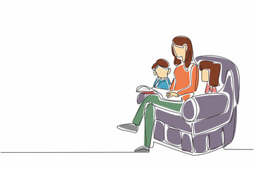 Single continuous line drawing woman and her two children sitting on the sofa and reading a book together. Like a community. Good hobby. World Read Aloud Day. One line design vector illustration