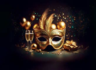 A golden masquerade mask with ornate details sits on a dark background, surrounded by champagne flutes, golden ornaments, and confetti.