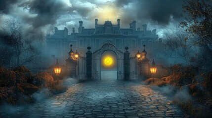 An old mansion with a spooky, arched gate and flickering lanterns on either side of the cobblestone pathway, shrouded in mist, with a glowing yellow moon peeking through stormy clouds.