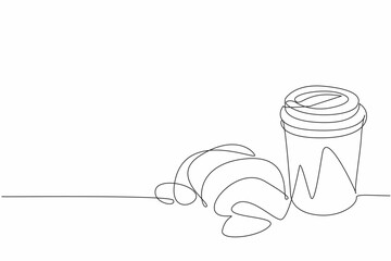 Single one line drawing croissant with paper cup filled with hot sweet tea. Skipped breakfast. Woke up late. Brought to the office. National Croissant Day. Continuous line design graphic illustration
