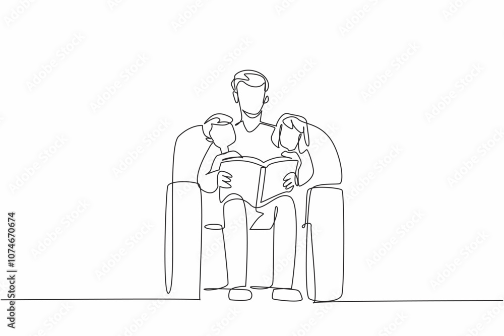 Aufkleber continuous one line drawing man with two children sitting on sofa reading a book together. a model f