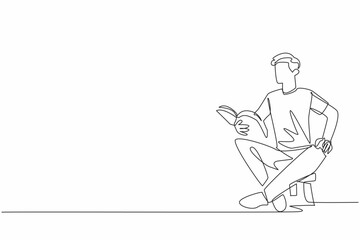 Single one line drawing man sitting on child's chair reading book. Telling an exciting story book. Cultivating interest in reading. World Read Aloud Day. Continuous line design graphic illustration
