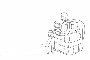 Single continuous line drawing woman and her two children sitting on the sofa and reading a book together. Like a community. Good hobby. World Read Aloud Day. One line design vector illustration