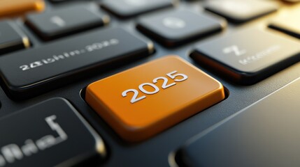 Keyboard with striking orange 2025 key central shot.