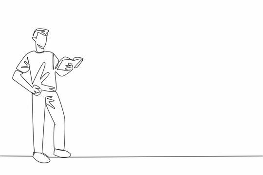 recommend clip art: Single continuous line drawing man standing holding a book and reading it. Reading literature books. Poetry. Novels. Expressive. Appreciation. World Read Aloud Day. One line design vector illustration