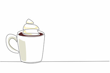 Single one line drawing mug with chocolate drink and whipped cream.  Peace of mind and heart. Relieve stress. Relax longer. National Hot Chocolate Day. Continuous line design graphic illustration