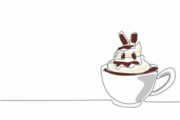 Continuous one line drawing the cup with chocolate drink and whipped cream. Creamy in the mouth. Very delicious in every sip. National Hot Chocolate Day. Single line draw design vector illustration