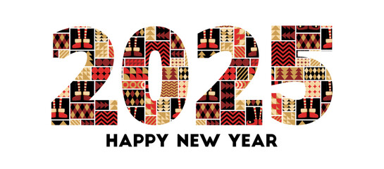 Happy New Year 2025 vector illustration with bauhaus abstract geometric shapes pattern isolated on white background. Christmas modern flat design template for banner, poster print, card