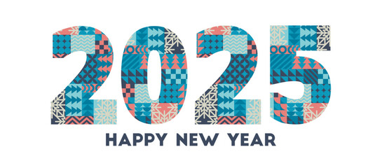 2025 Happy New Year vector illustration with bauhaus abstract geometric shapes pattern isolated on white background. Christmas modern flat design template for poster print, banner, card