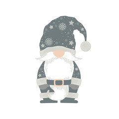 Merry Christmas and New Year vector illustration with cute hand drawn scandinavian gnome isolated on white background. Design for card print, holiday decoration, poster