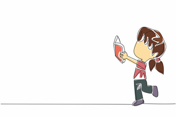 Single one line drawing little girl standing while reading a book. Practicing what is read. Full of joy and lots of funny expressions. World Read Aloud Day. Continuous line design graphic illustration