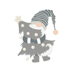 Merry Christmas and New Year vector illustration with cute hand drawn scandinavian gnome and Christmas tree isolated on white background. Design for card print, poster, holiday decoration