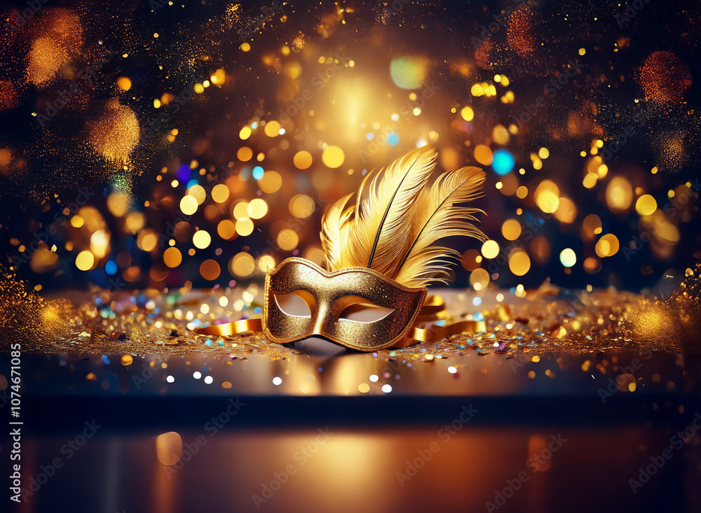 Poster a golden masquerade mask with feathers lies on a surface scattered with confetti, with a blurred bac