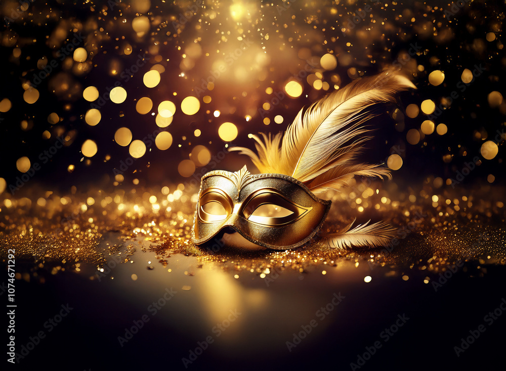 Poster A golden masquerade mask with feathers lies on a surface covered in shimmering glitter against a dark background with bokeh lights.