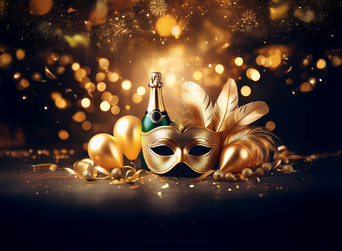A golden masquerade mask, champagne bottle, and balloons sit against a dark, glittering background.