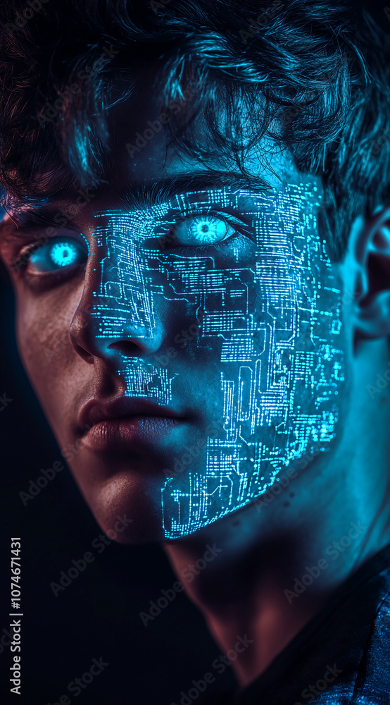 Poster A close-up of a man's face illuminated by blue light, depicting a digital circuit board pattern. The image is evocative of technology and the future