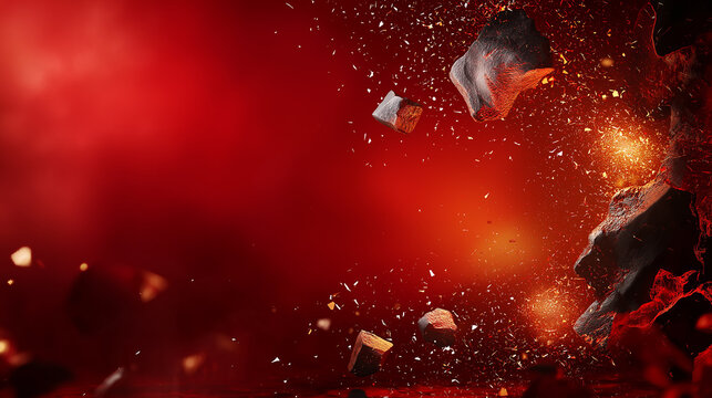 dramatic explosion of rocks and debris against fiery red background, creating sense of chaos and energy. scene captures power of nature