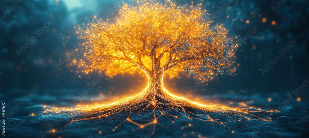 Aufkleber glowing digital tree connecting with ground through intricate network