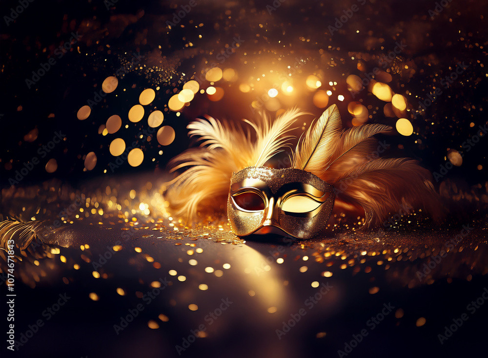 Poster a golden masquerade mask adorned with feathers rests on a sparkling surface against a backdrop of gl