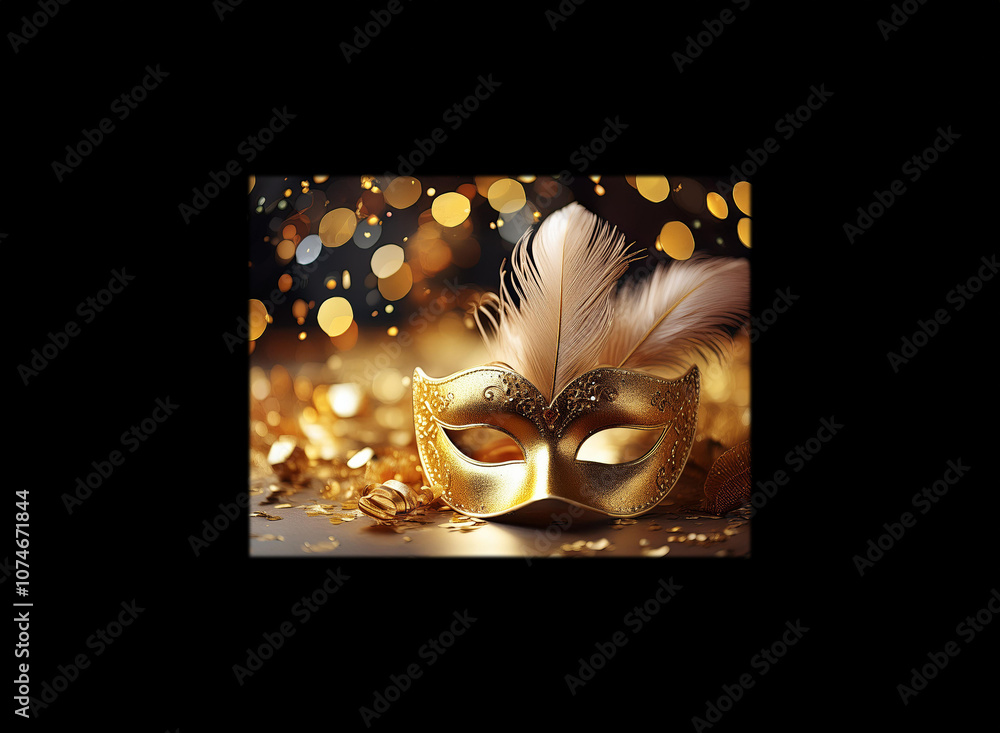 Poster a golden masquerade mask with a white feather rests on a bed of gold confetti with a bokeh backgroun