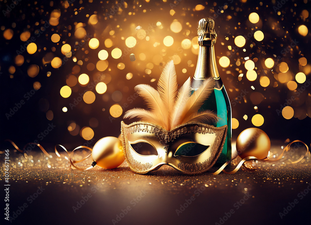 Poster a gold masquerade mask and a bottle of champagne sit on a sparkling table with golden lights.