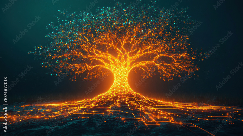 Poster golden tree growing from futuristic microchip roots symbolizing technology and nature connection