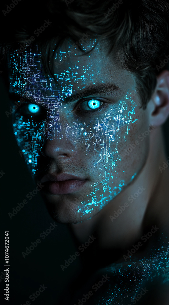 Poster a man's face is illuminated by a glowing blue pattern resembling a circuit board, giving the impress