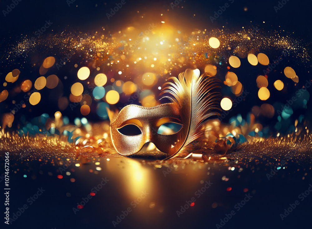 Poster A golden masquerade mask sits on a table with a sparkling background and a single feather.